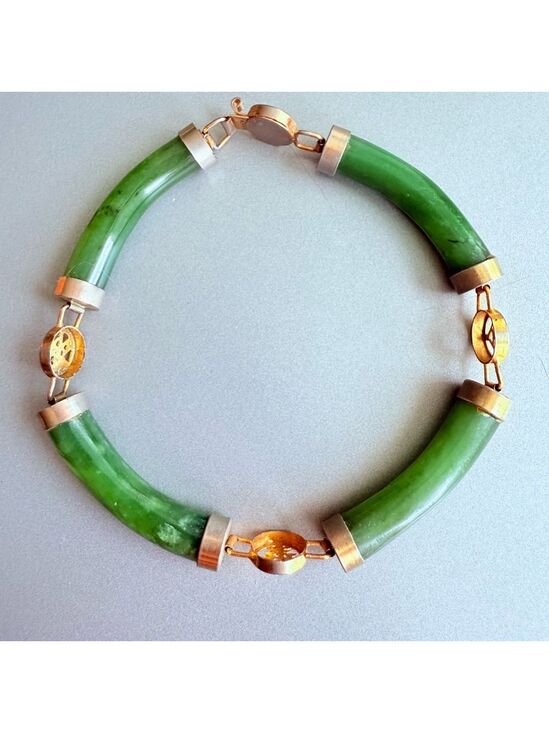 Jewelry - 4 Lucky Wishes Natural Green Jade Nephrite Gold Tone Link Vintage Bracelet